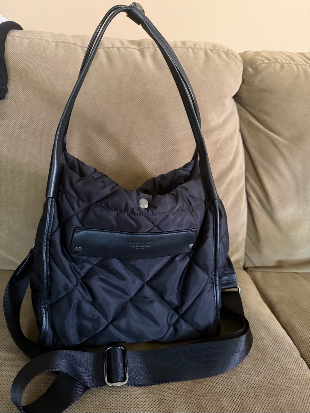 MZ Wallace Black Quilted Shoulder Bag with Leather Trim